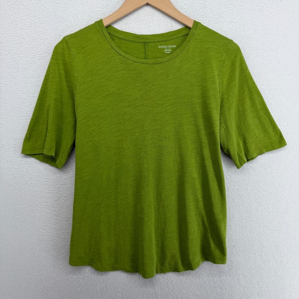 EILEEN FISHER Top PM Slub Organic Cotton Jersey Crew Neck Short Sleeve Green